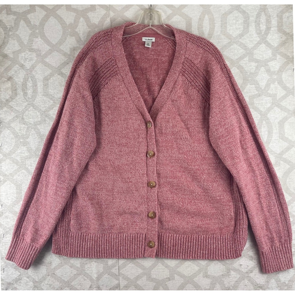 LL Bean Classic Marled Cardigan Women XL Rose Pink Button‎ Front Cotton Blend